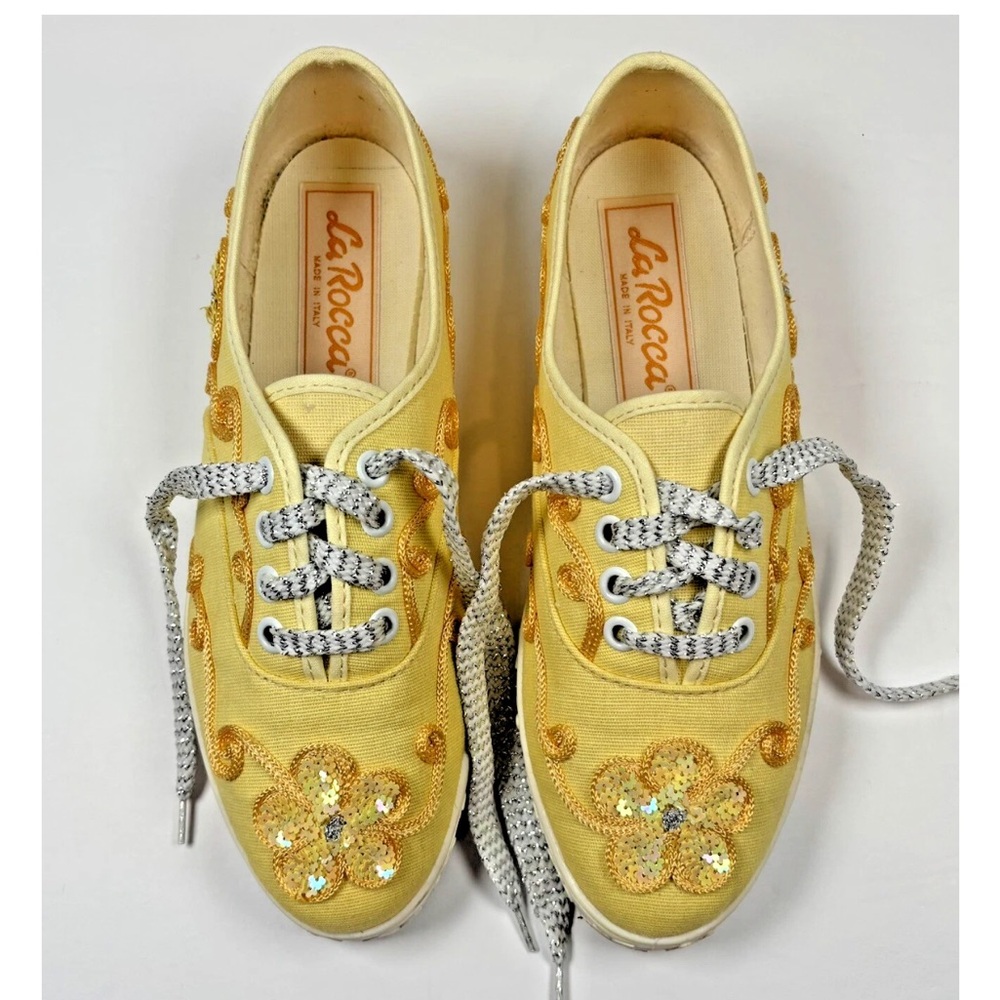 La Rocca Sneakers Women’s Sz 7 Yellow Lace Up Floral Sequins Rope Trim Arsty